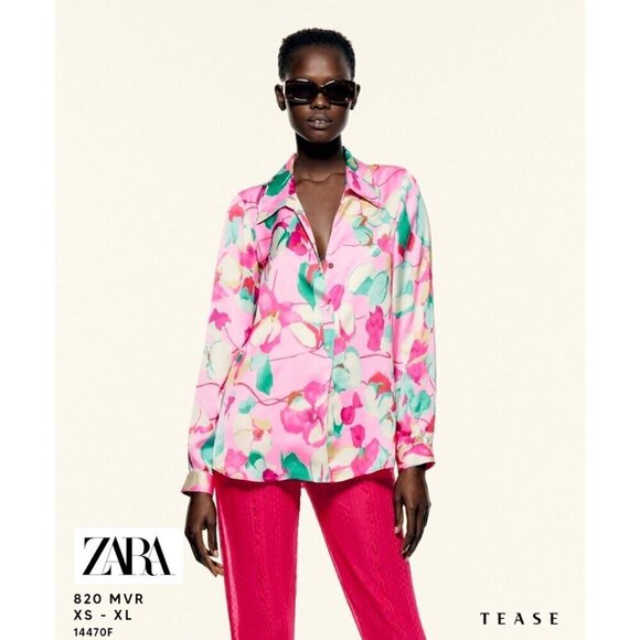 Zara Womens Floral SatinLong Sleeve Blouse Pink/Multicolor Size Small - Picture 1 of 9